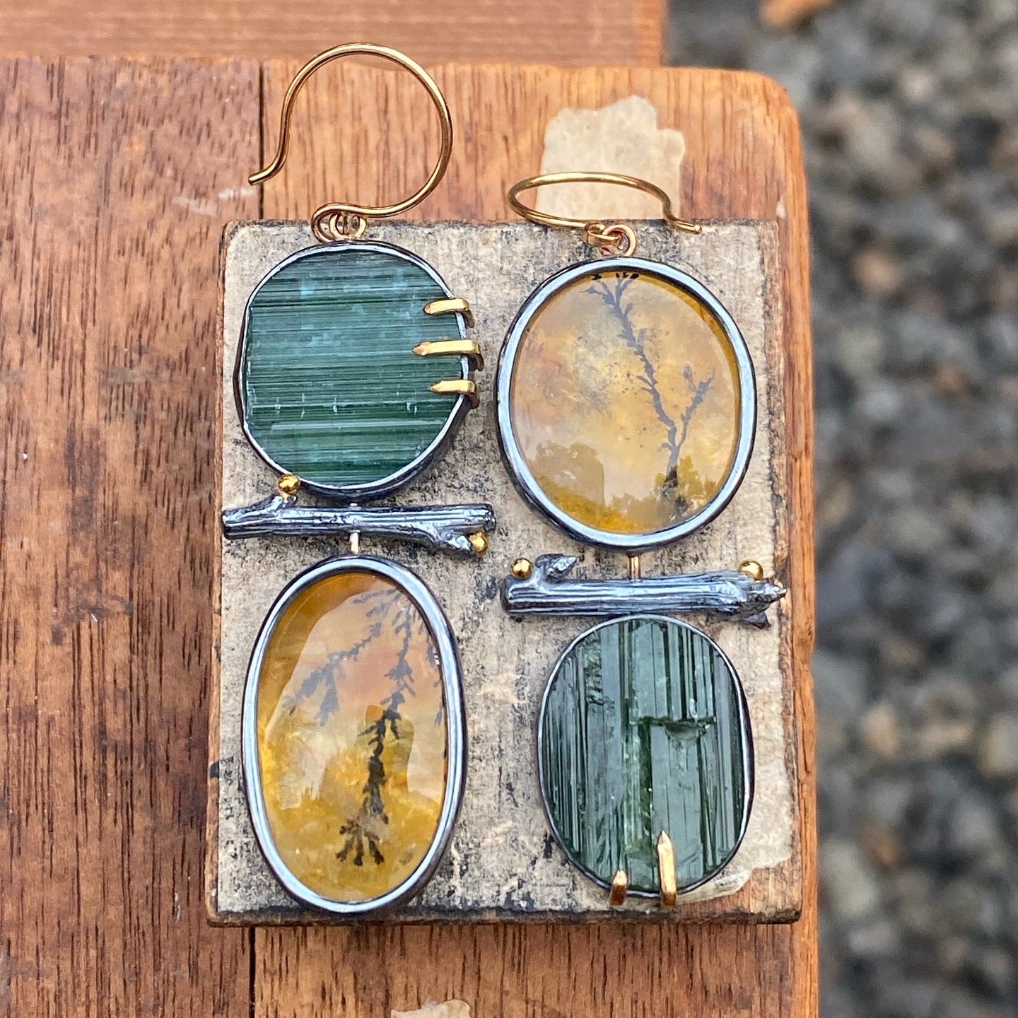Raw Green Tourmaline and Dendritic Quartz Earrings with Twigs