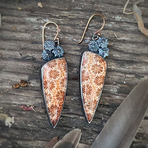 Reserved- Fossilized Coral Earrings with Poppy Pods