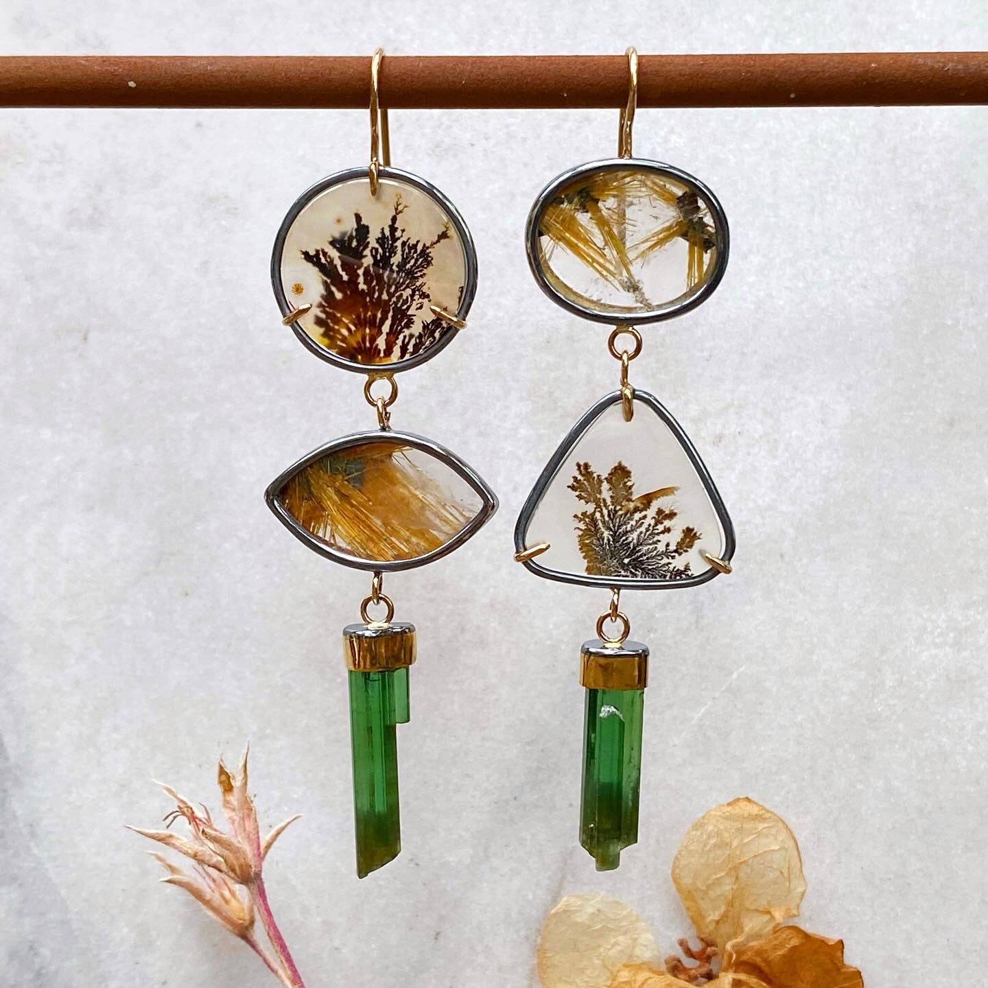 Dendritic Agate, Golden Rutilated Quartz, and Green Tourmaline Earrings