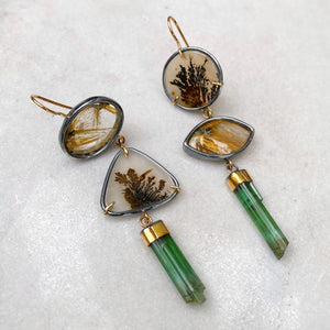 Dendritic Agate, Golden Rutilated Quartz, and Green Tourmaline Earrings