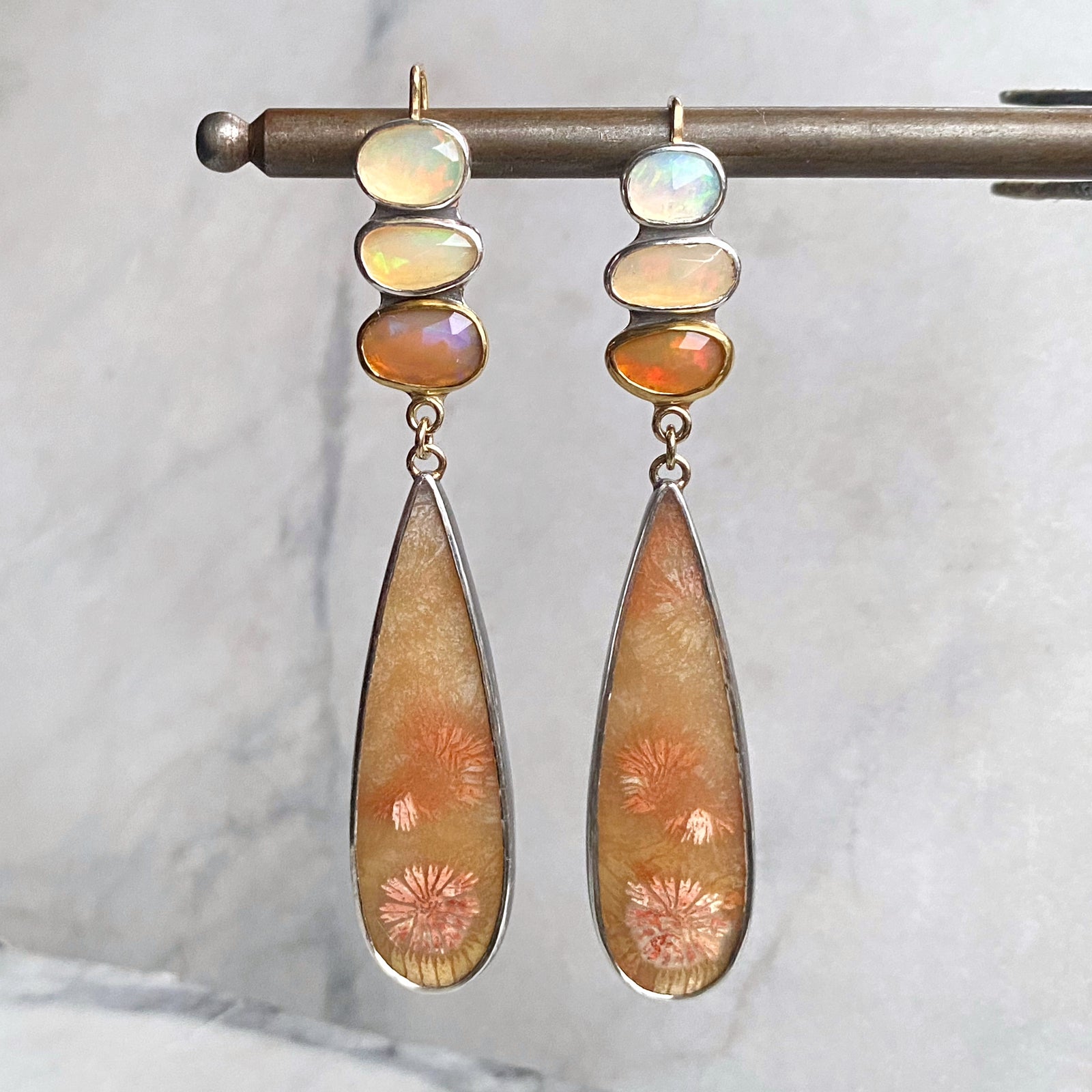 Fossilized Coral and Ethiopian Opal Earrings