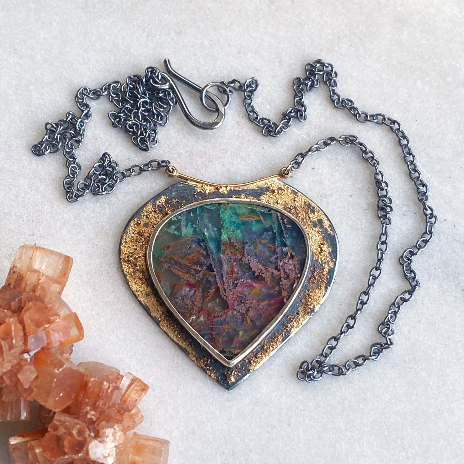 Fossilized Opalized Wood Necklace with Native Copper