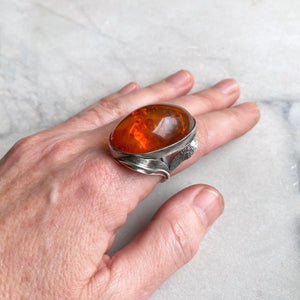 Sterling Silver & Amber Ring with Leaf Motif
