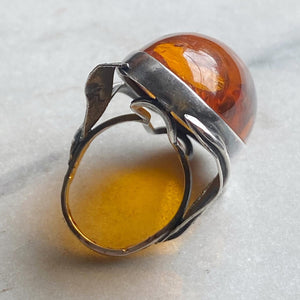 Sterling Silver & Amber Ring with Leaf Motif
