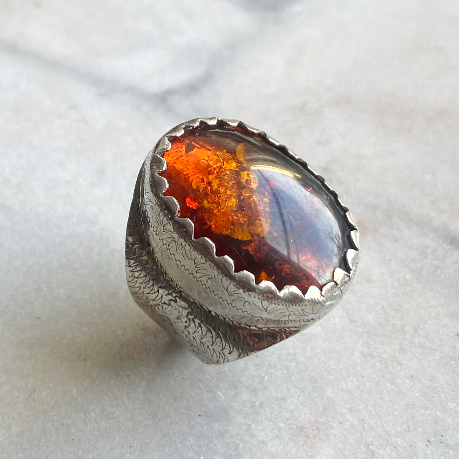 Hand-engraved Amber Ring