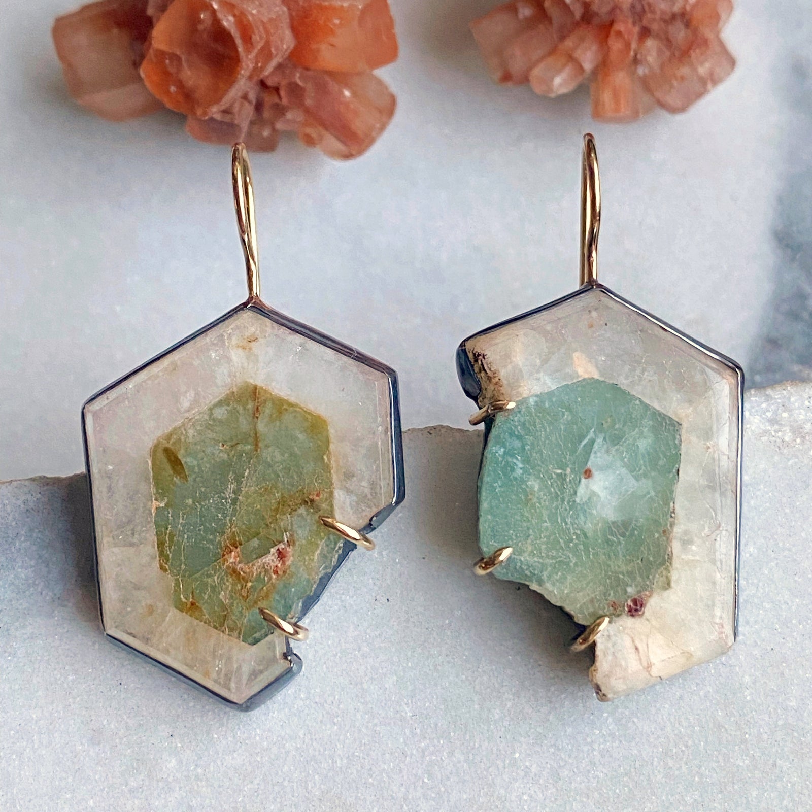 Aquamarine-in-Quartz Slice Earrings