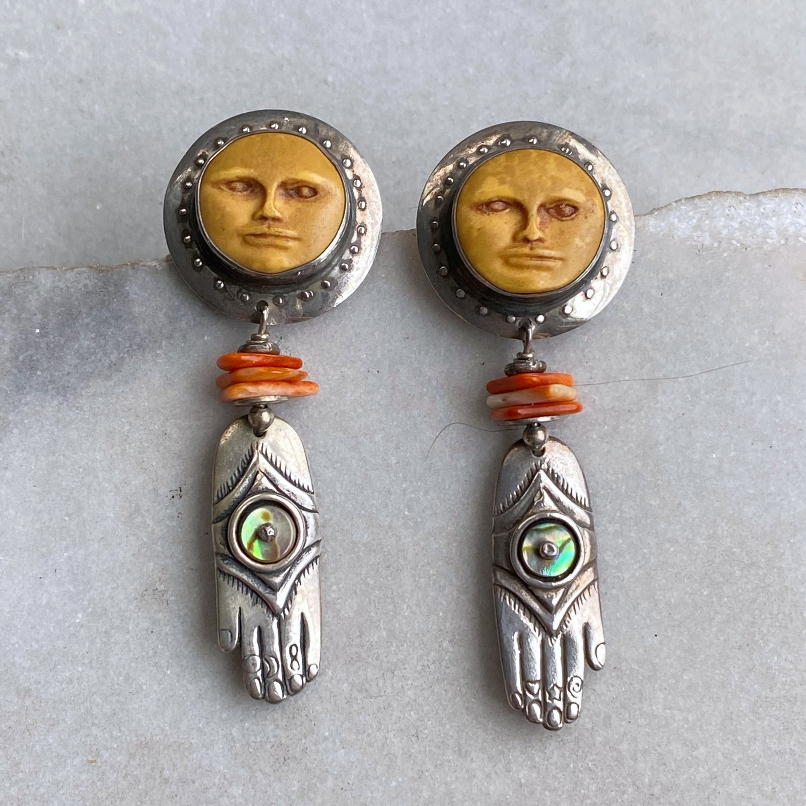 Carved Moon Face, Paua Shell and Coral Earrings