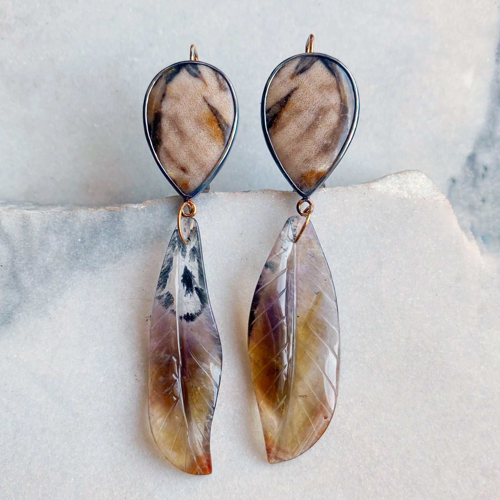 Petrified Oak Earrings with Included Quartz Leaves