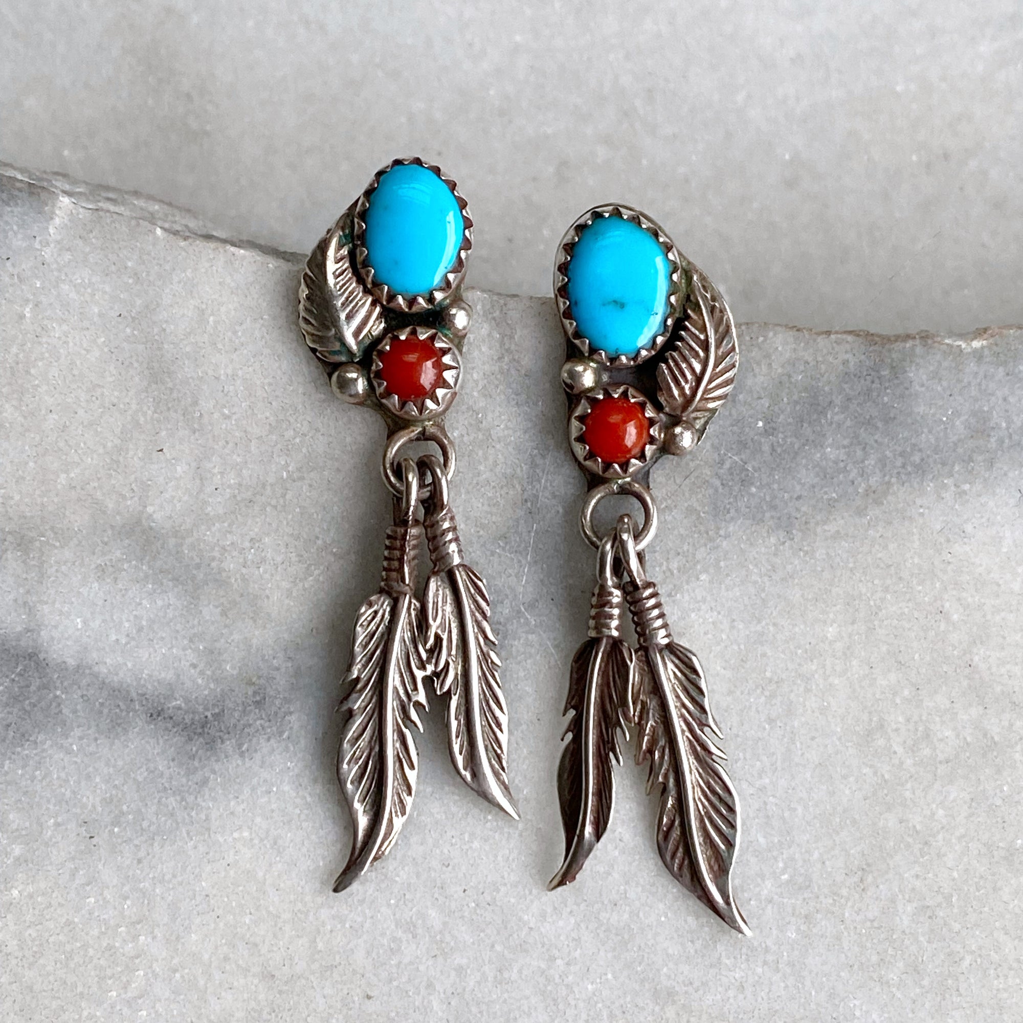 Navajo Turquoise and Coral Feather Earrings