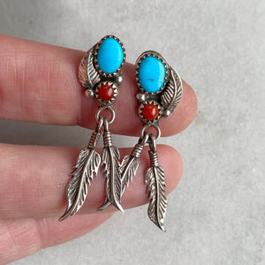 Navajo Turquoise and Coral Feather Earrings
