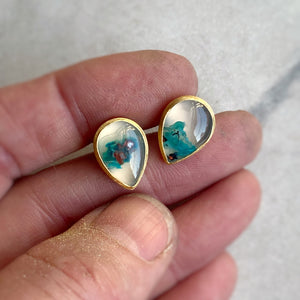 Native Copper and Chrysocolla in Chalcedony Stud Earrings