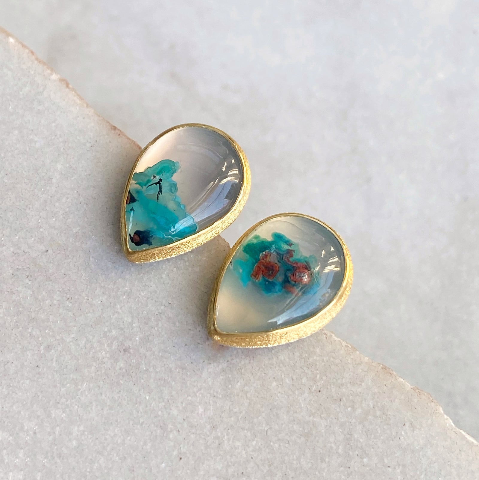 Native Copper and Chrysocolla in Chalcedony Stud Earrings