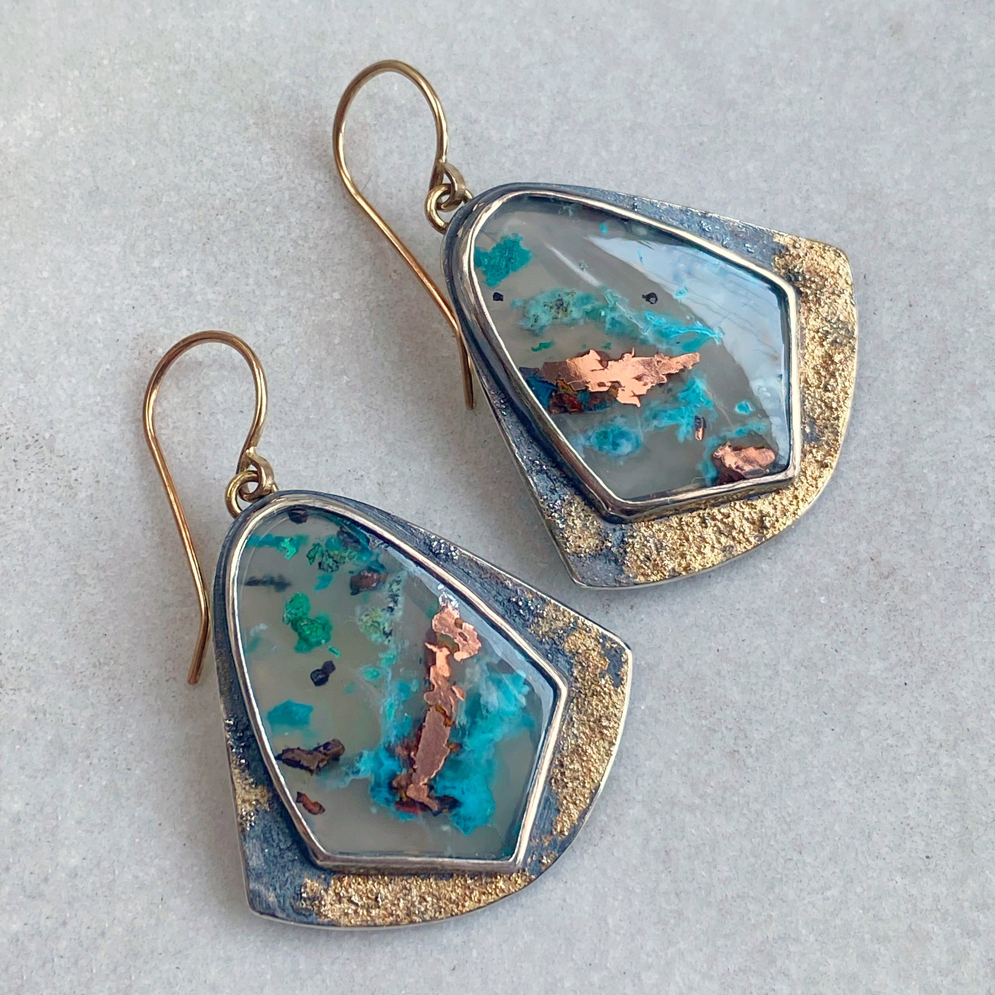 Native Copper and Chrysocolla in Quartz Earrings