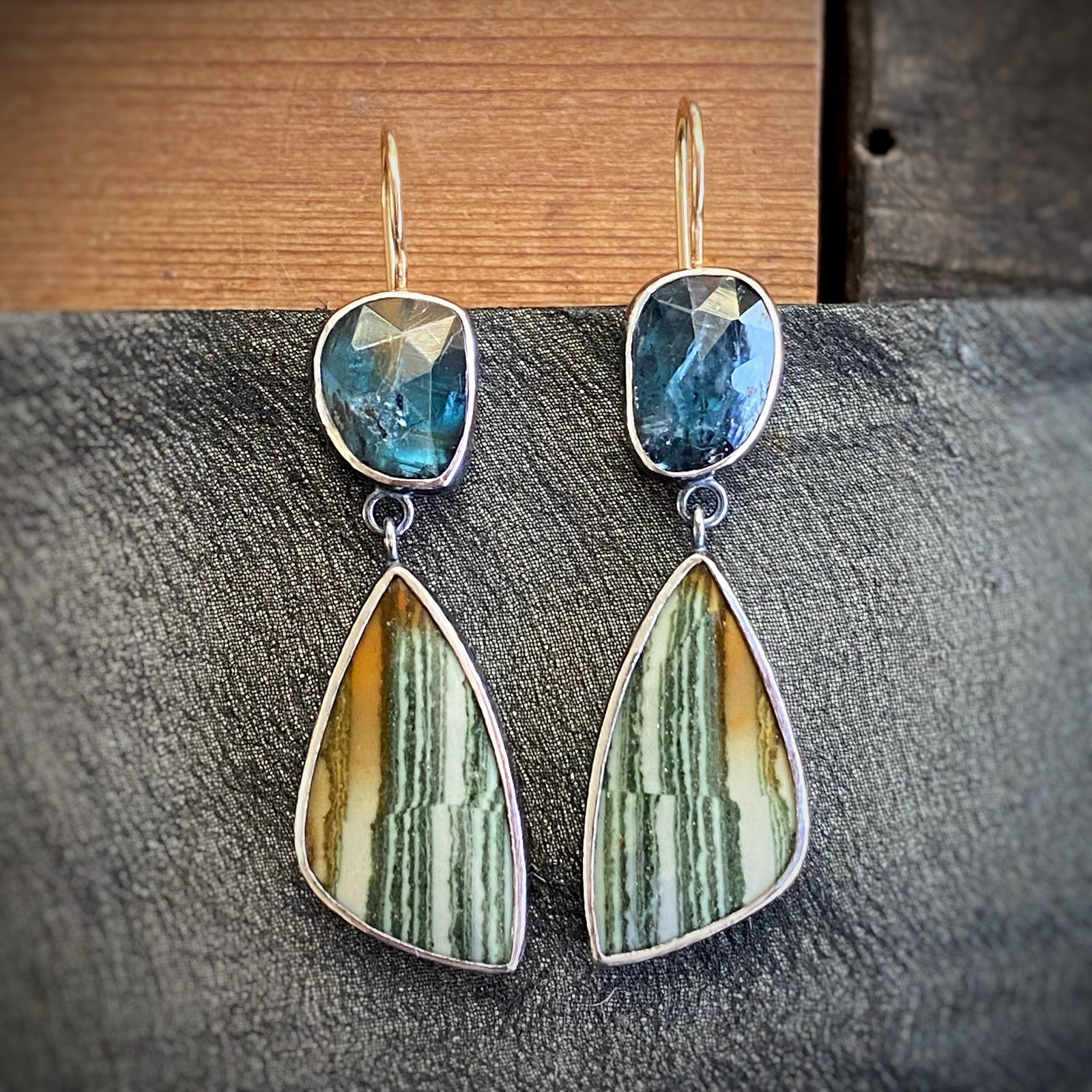 Teal Kyanite and Petrified Wood Earrings
