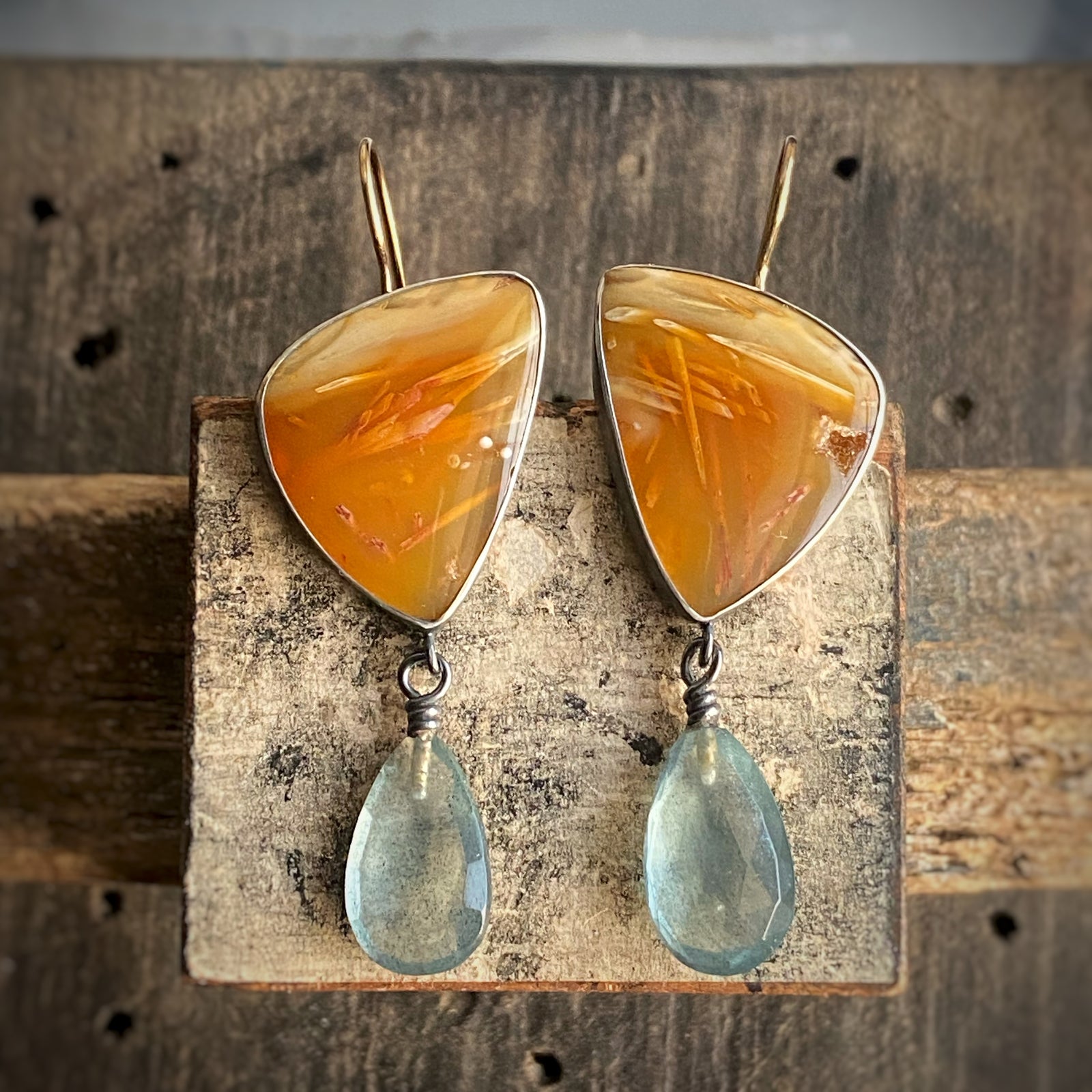 Petrified Wood and Moss Aquamarine Earrings