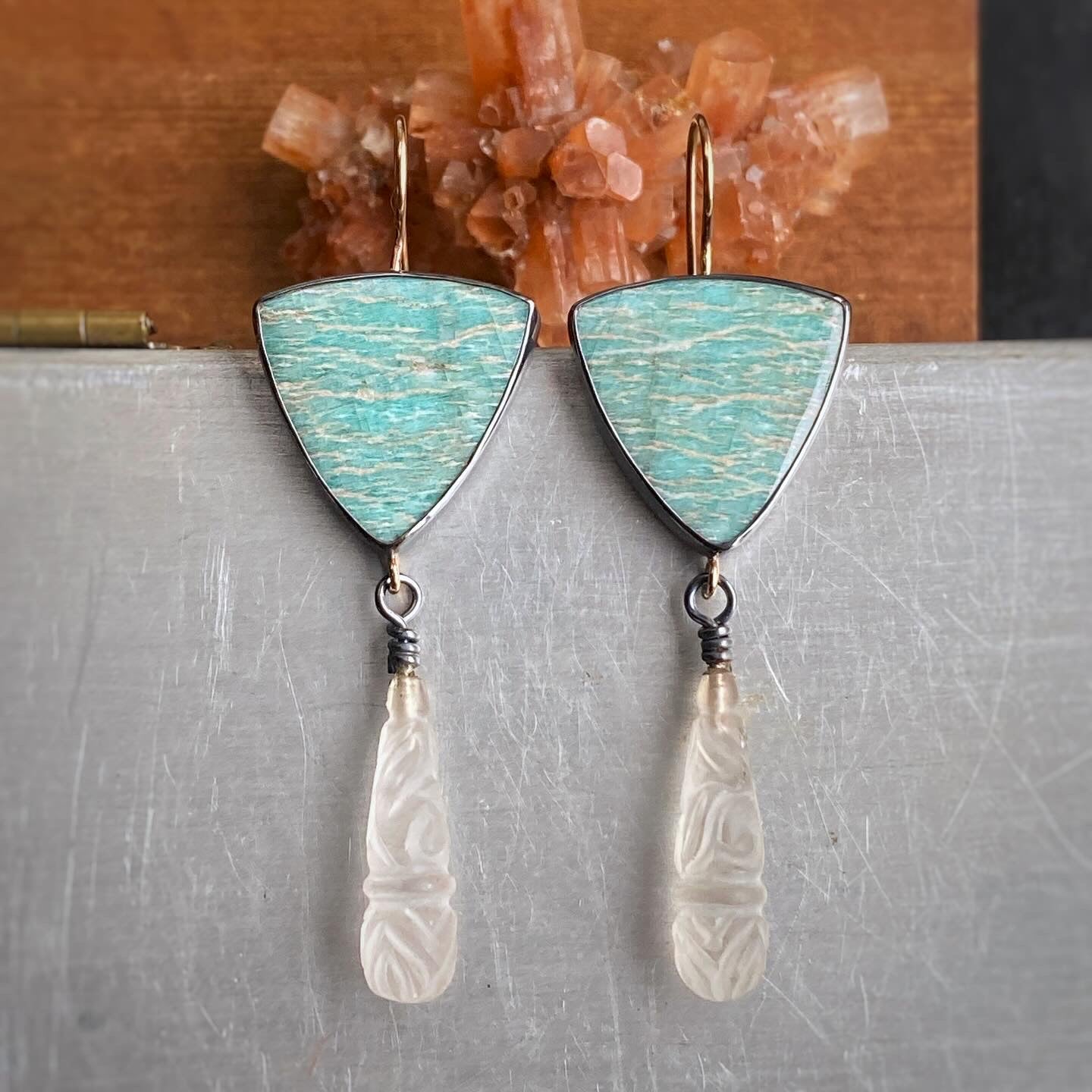 Amazonite and Frosted Carved Quartz Earrings