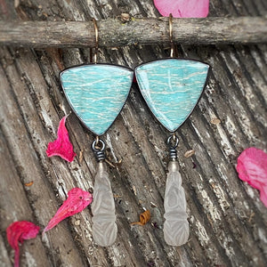 Amazonite and Frosted Carved Quartz Earrings