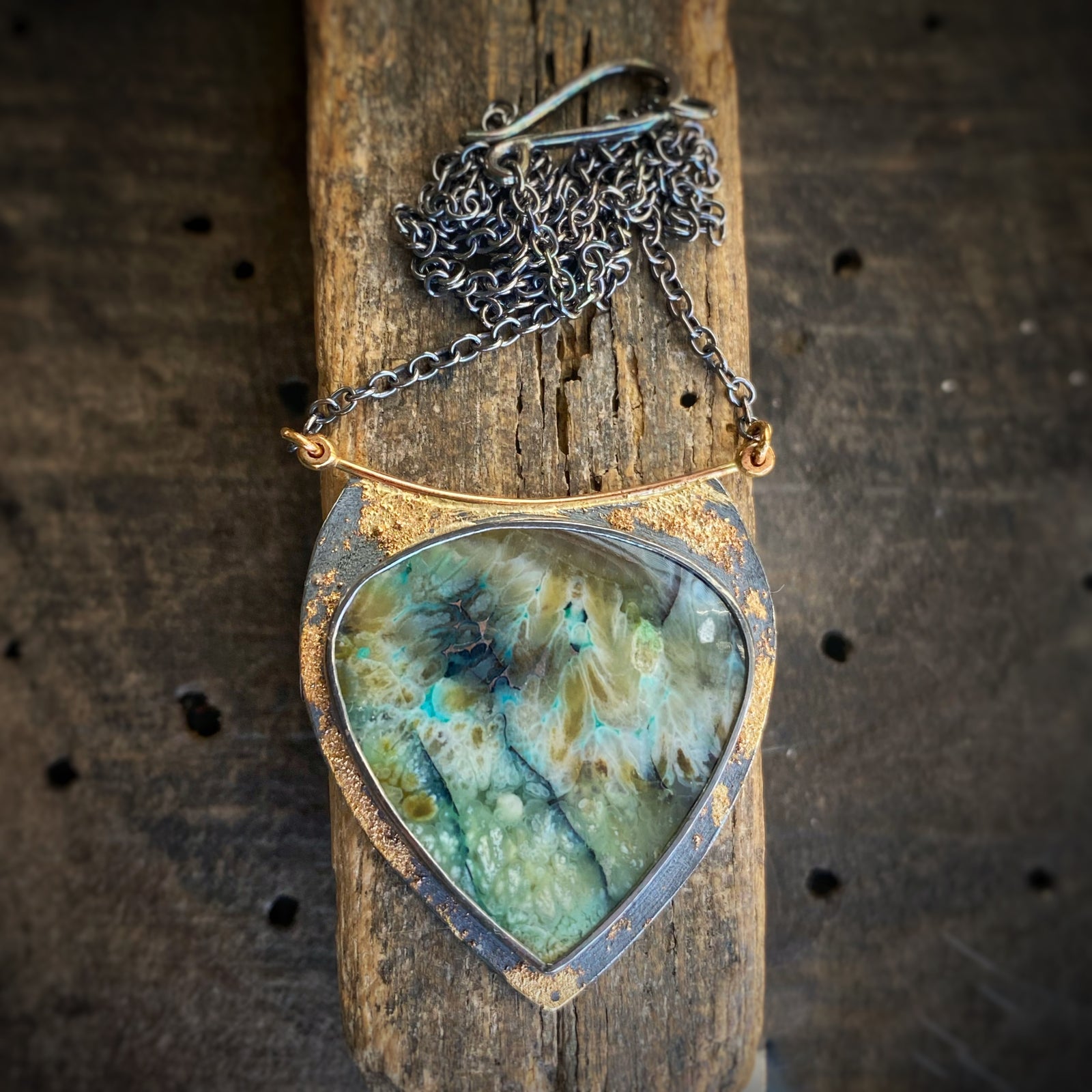 Fossilized Opalized Wood Necklace with Native Copper
