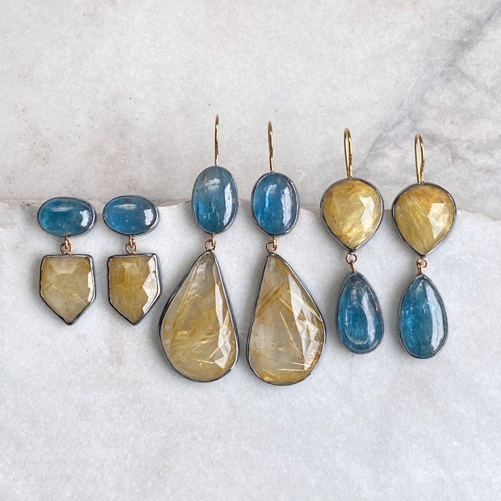 Golden Rutilated Quartz and Teal Kyanite Earrings