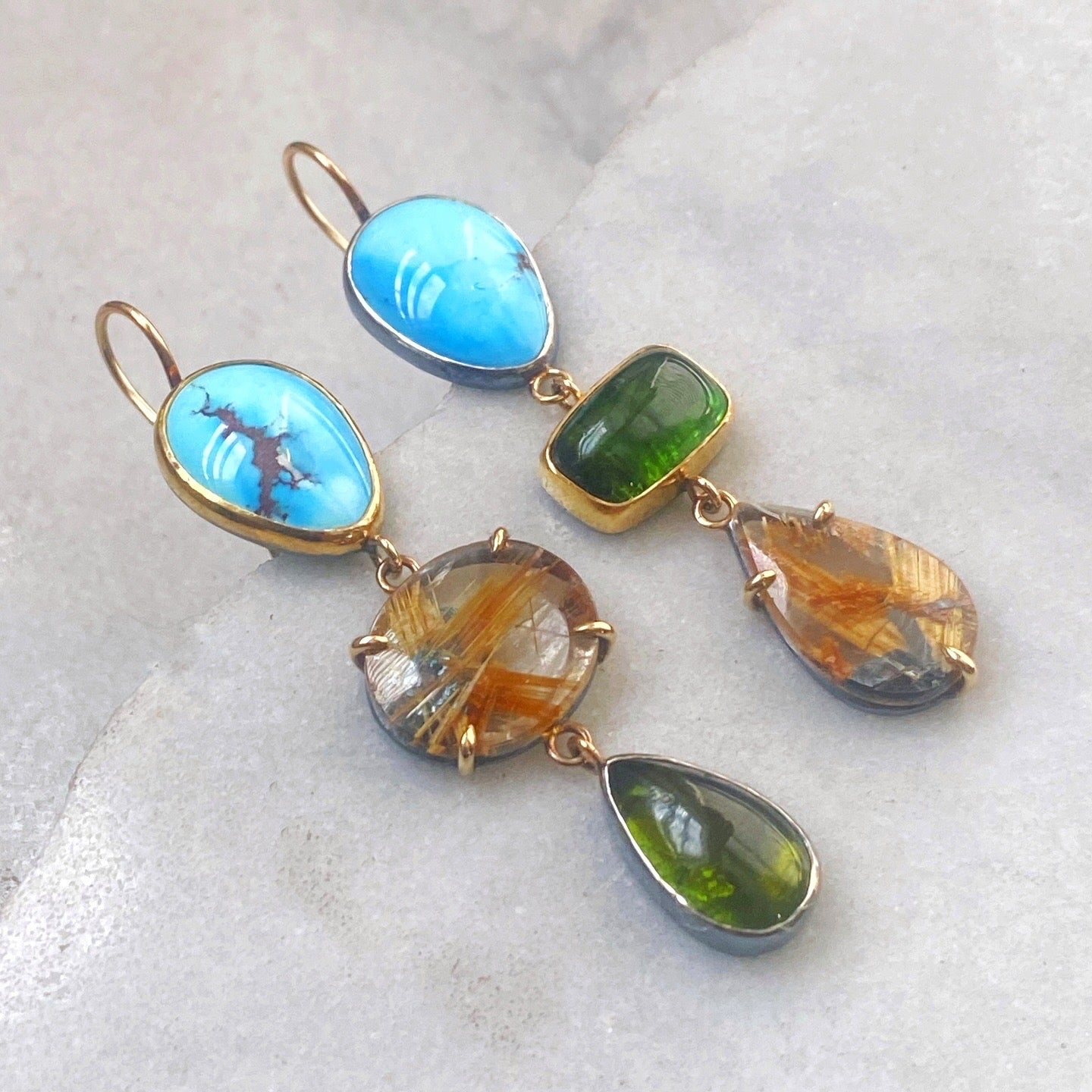 Golden Hills Turquoise, Green Tourmaline, and Golden Rutilated Quartz Earrings