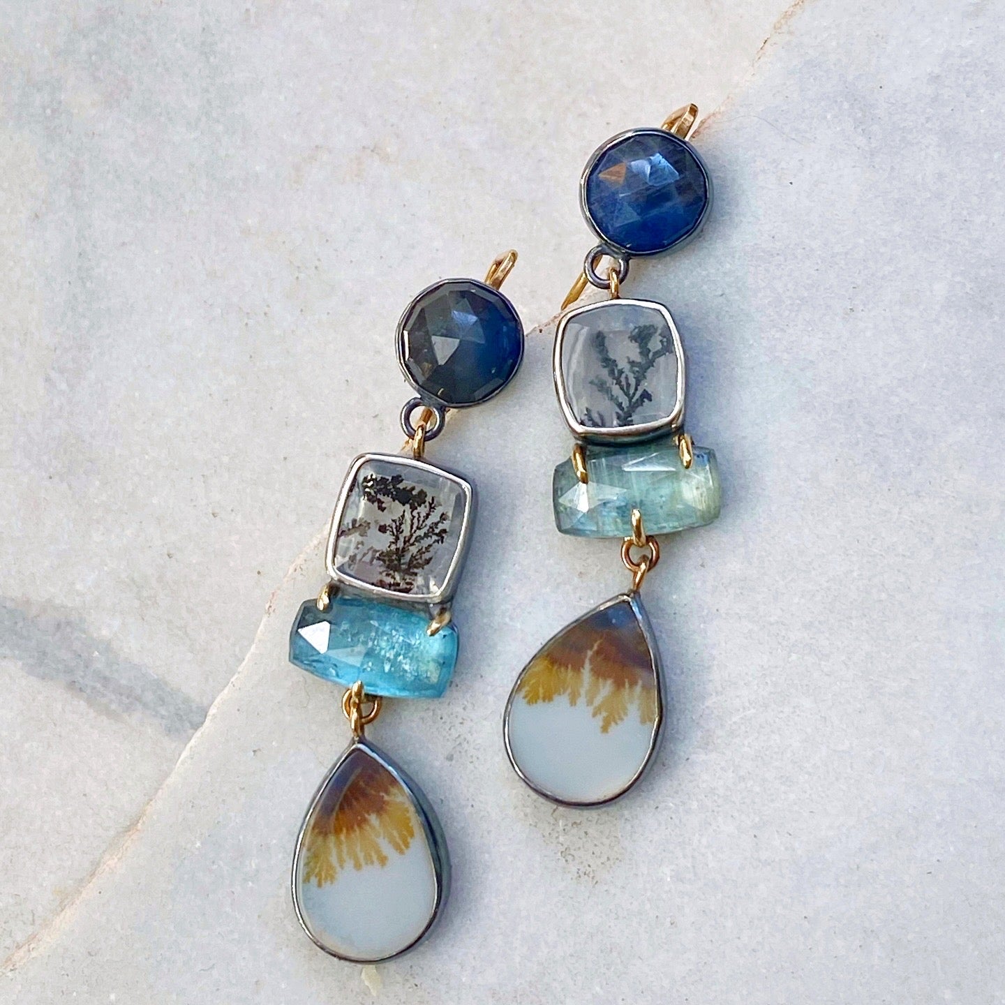 Sapphire, Dendritic Quartz, Kyanite, and Dendritic Agate Earrings