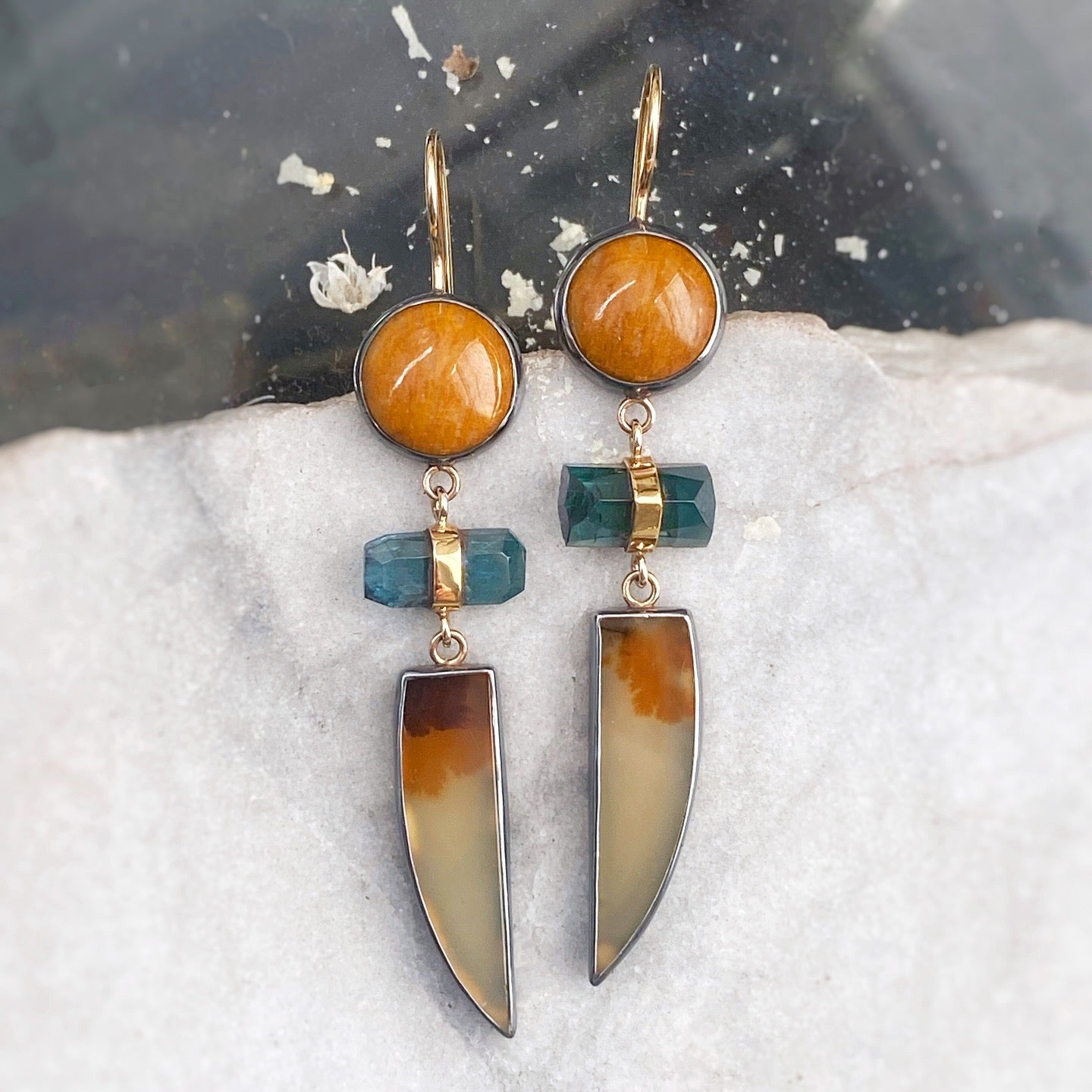 Golden Feldspar, Indicolite Tourmaline, and Dendritic Agate Earrings