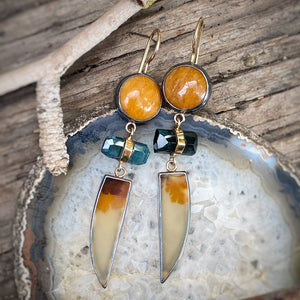 Golden Feldspar, Indicolite Tourmaline, and Dendritic Agate Earrings