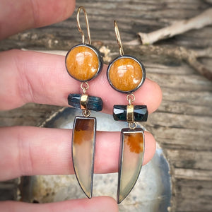 Golden Feldspar, Indicolite Tourmaline, and Dendritic Agate Earrings