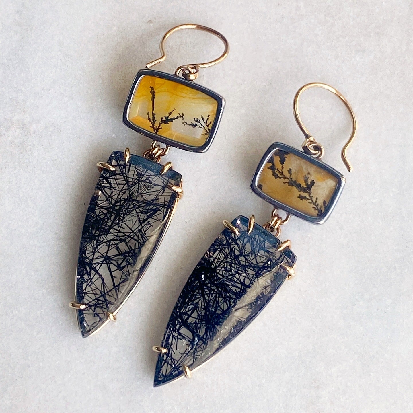 Black Tourmalinated Quartz and Golden Dendritic Quartz Earrings