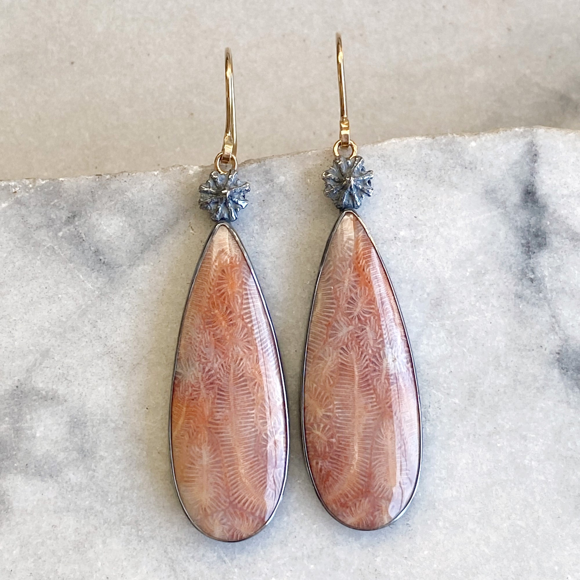 Fossilized Coral Earrings with Poppy Pods