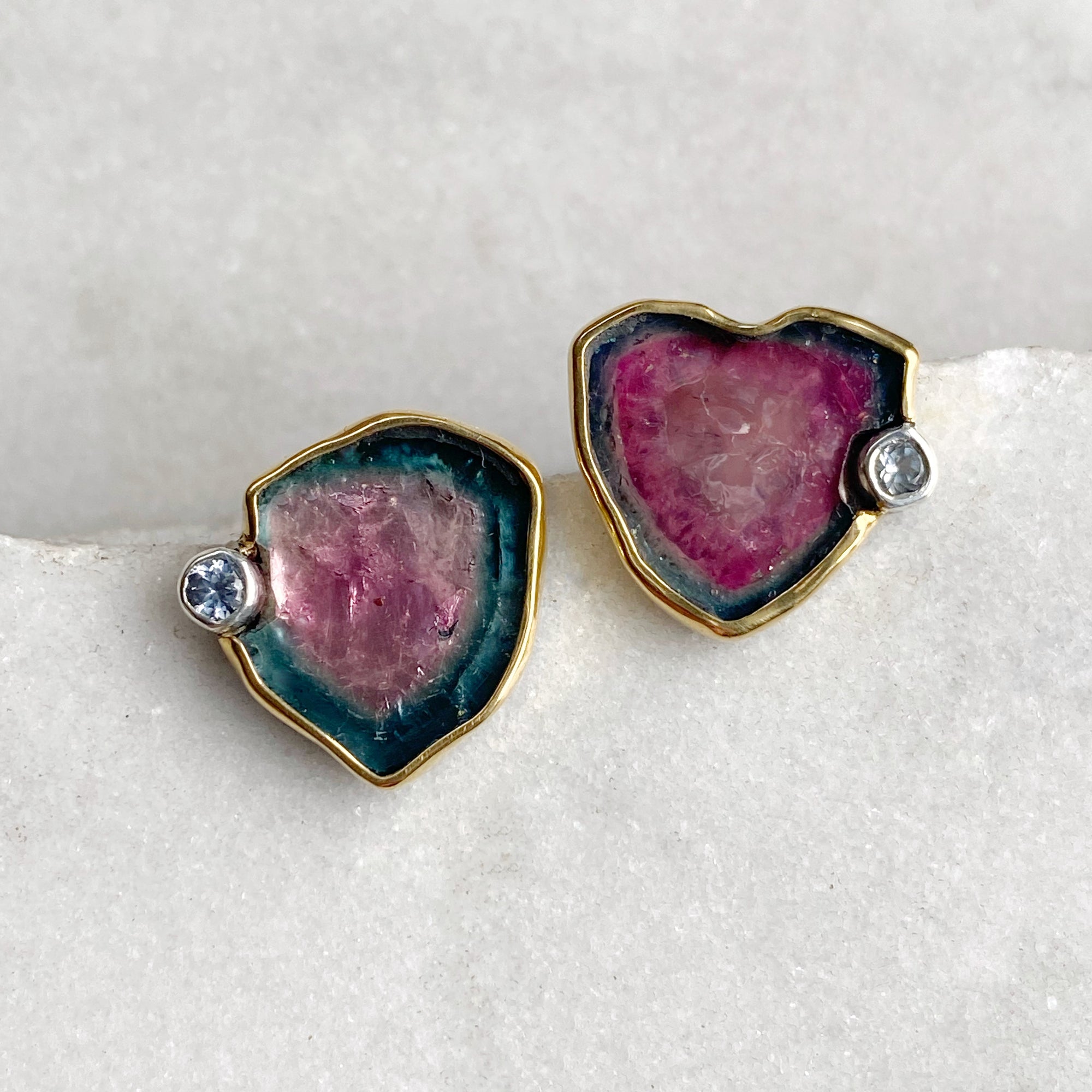 Blue/Pink Tourmaline Slice Earrings with Silver Spinel