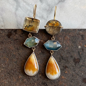 Dendritic Quartz, Kyanite, and Ombré Golden Feldspar Earrings