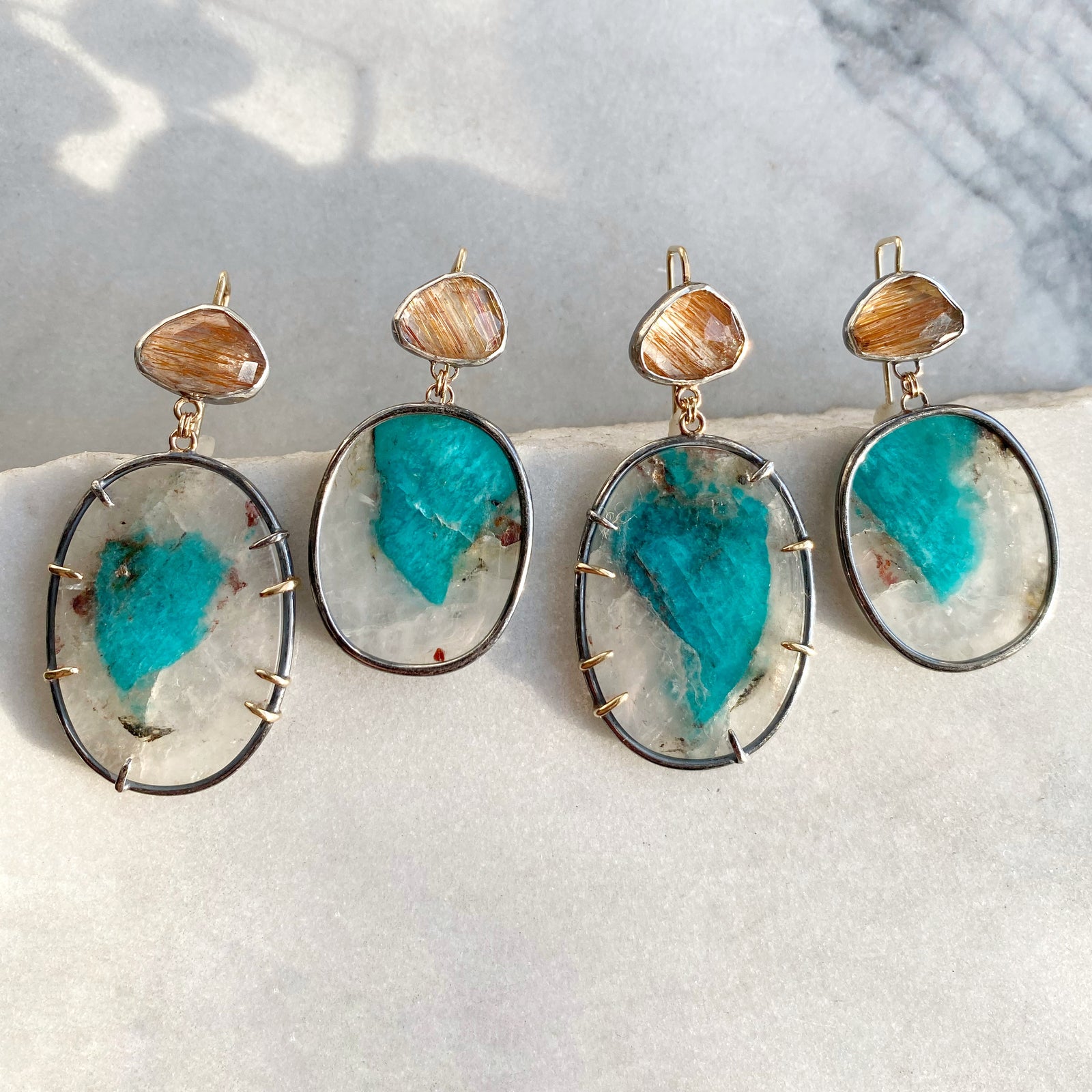 Amazonite in Quartz Earrings with Rutilated Quartz