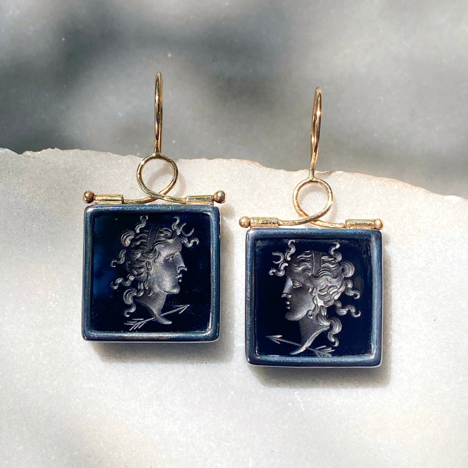 Earrings with Antique Sard Intaglios of Artemis