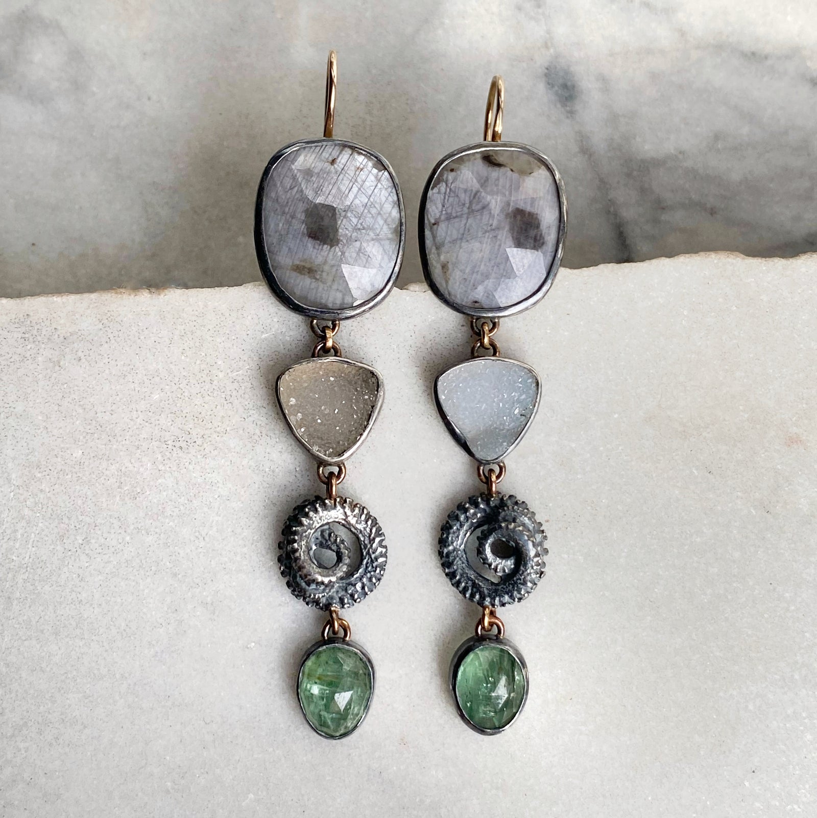 Silver Sapphire, Drusy, Octopus Tentacle and Green Kyanite Earrings