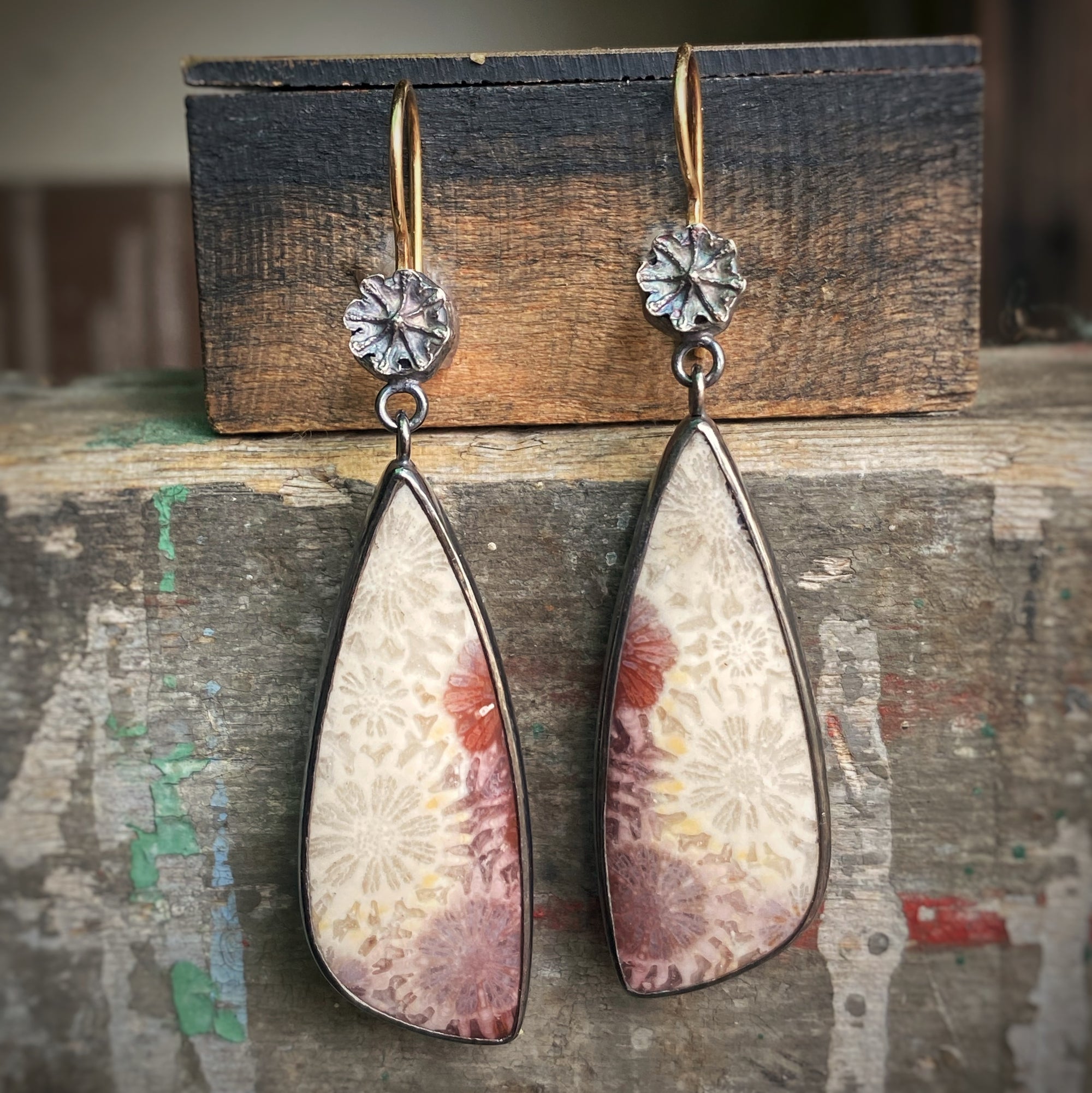 Fossilized Coral Earrings with Poppy Pods