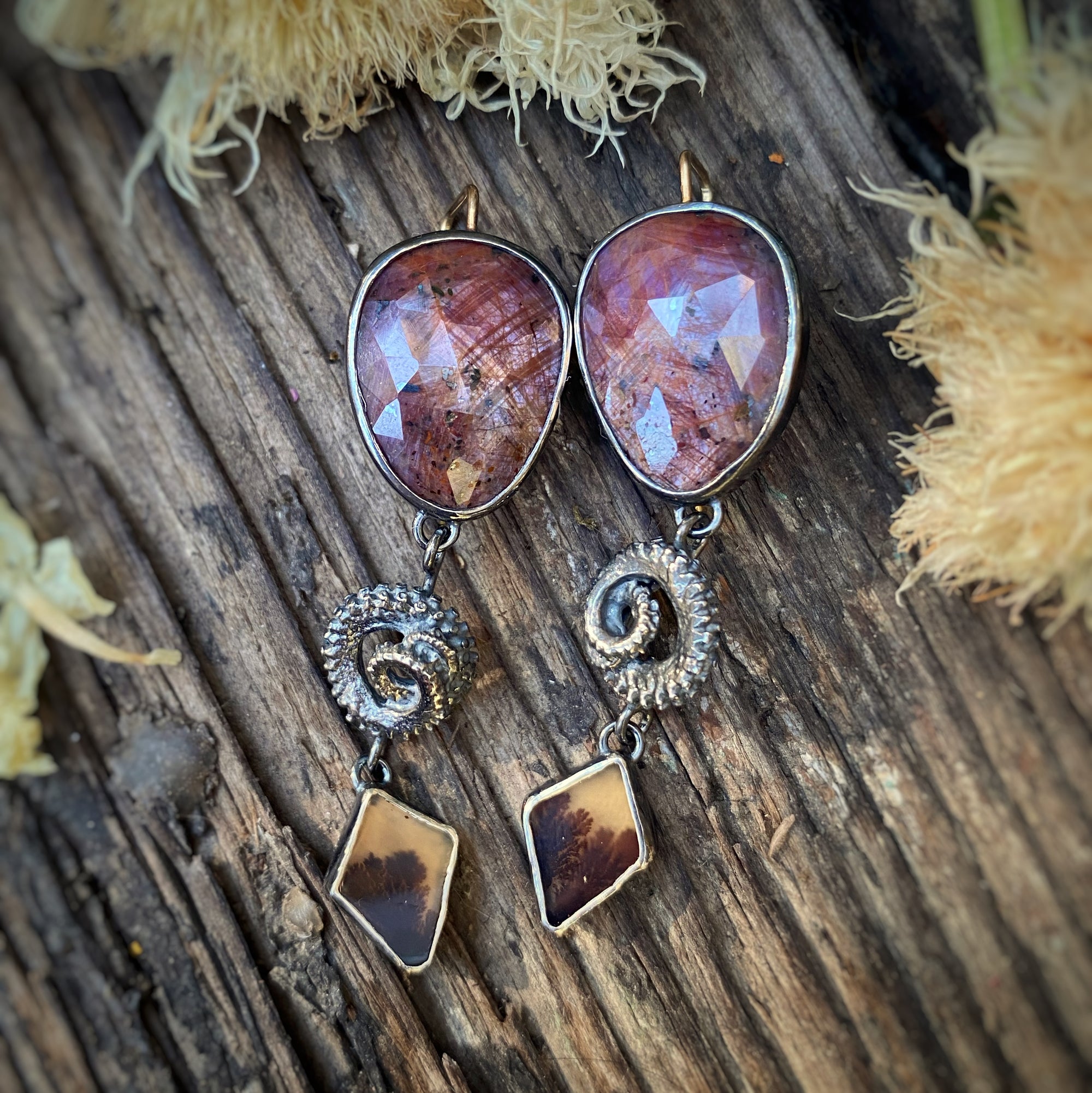 Red Plaid Sapphire, Octopus Tentacle and Dendritic Agate Earrings