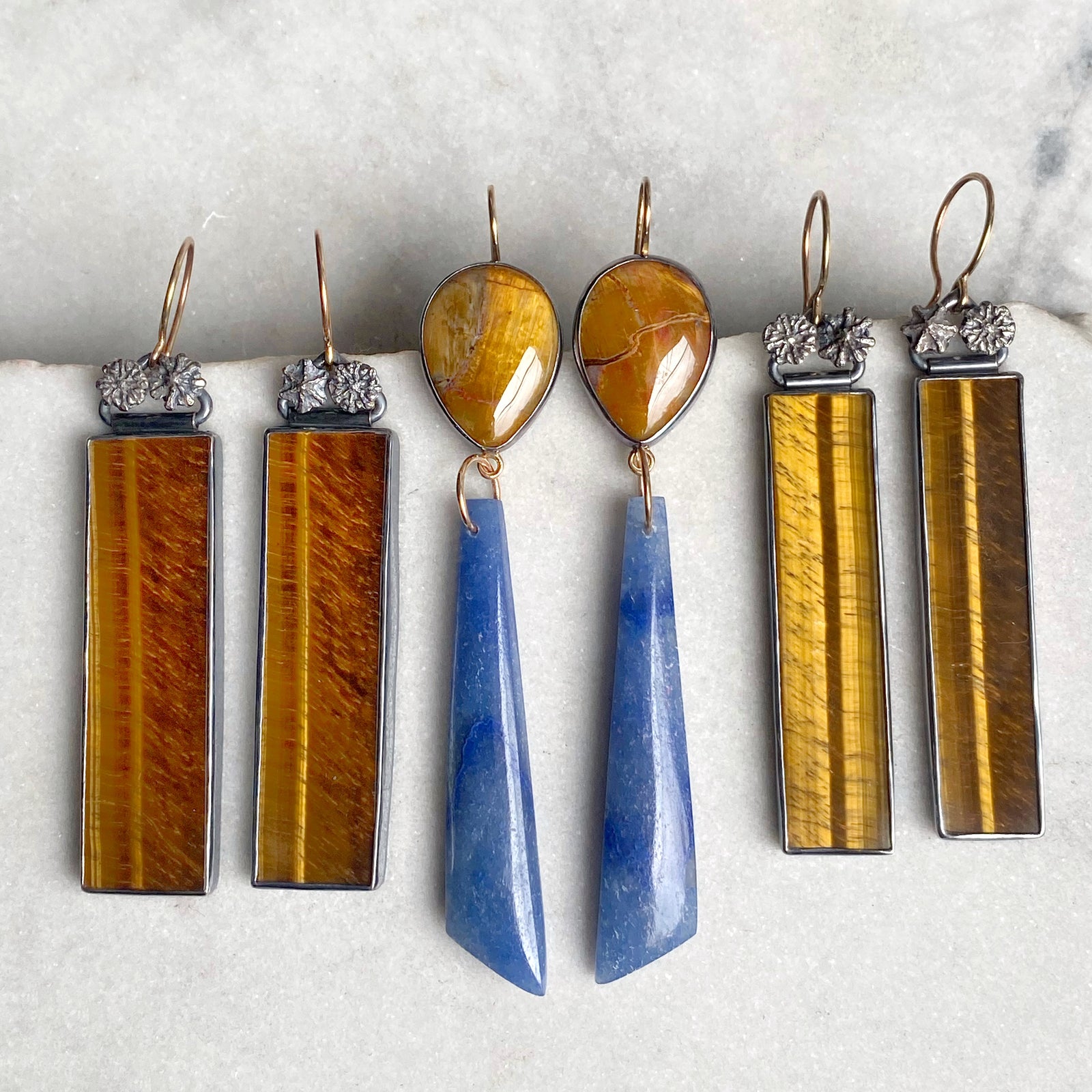 Tiger’s Eye Earrings with Cast Poppy Pods