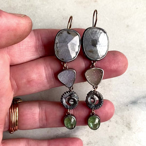 Silver Sapphire, Drusy, Octopus Tentacle and Green Kyanite Earrings