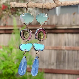 Aquaprase, Watermelon Tourmaline, Golden Hills Turquoise, and Kyanite Earrings