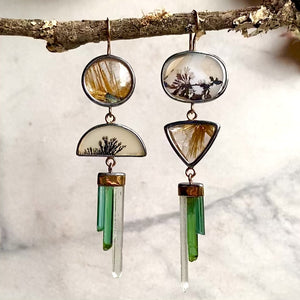 Dendritic Agate & Golden Rutilated Quartz Earrings with Tourmaline and Aquamarine Crystals