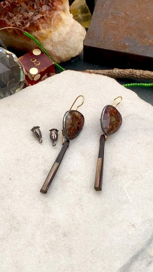 Red Pietersite Earrings with Detachable Vintage Wood and Paper Fans