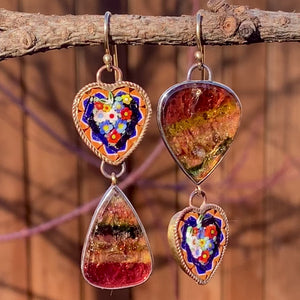Liddicoatite Tourmaline and Antique Mosaic Heart Earrings