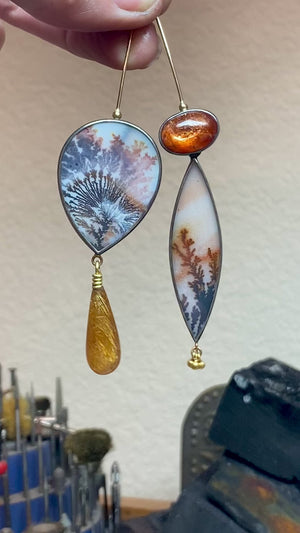 Dendritic Agate, Sunstone, and Golden Rutilated Quartz Earrings