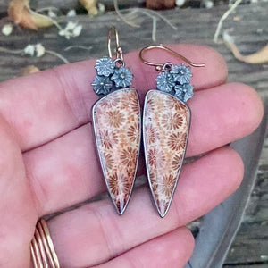 Reserved- Fossilized Coral Earrings with Poppy Pods