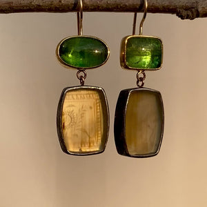 Apple Green Tourmaline and Montana Agate Earrings with Antique Chinese Mother of Pearl Gaming Token