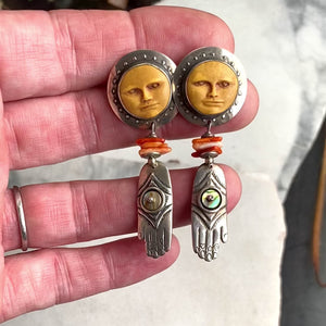 Carved Moon Face, Paua Shell and Coral Earrings