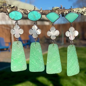 Oval Campitos Turquoise, Mother of Pearl, and Carved Jade Earrings