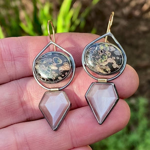 Volcanic Porphyry and Peach Moonstone Earrings