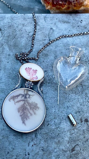Convertible Pendant/Brooch with Dendritic Agate and Antique Heart-Shaped Glass Posey Vase